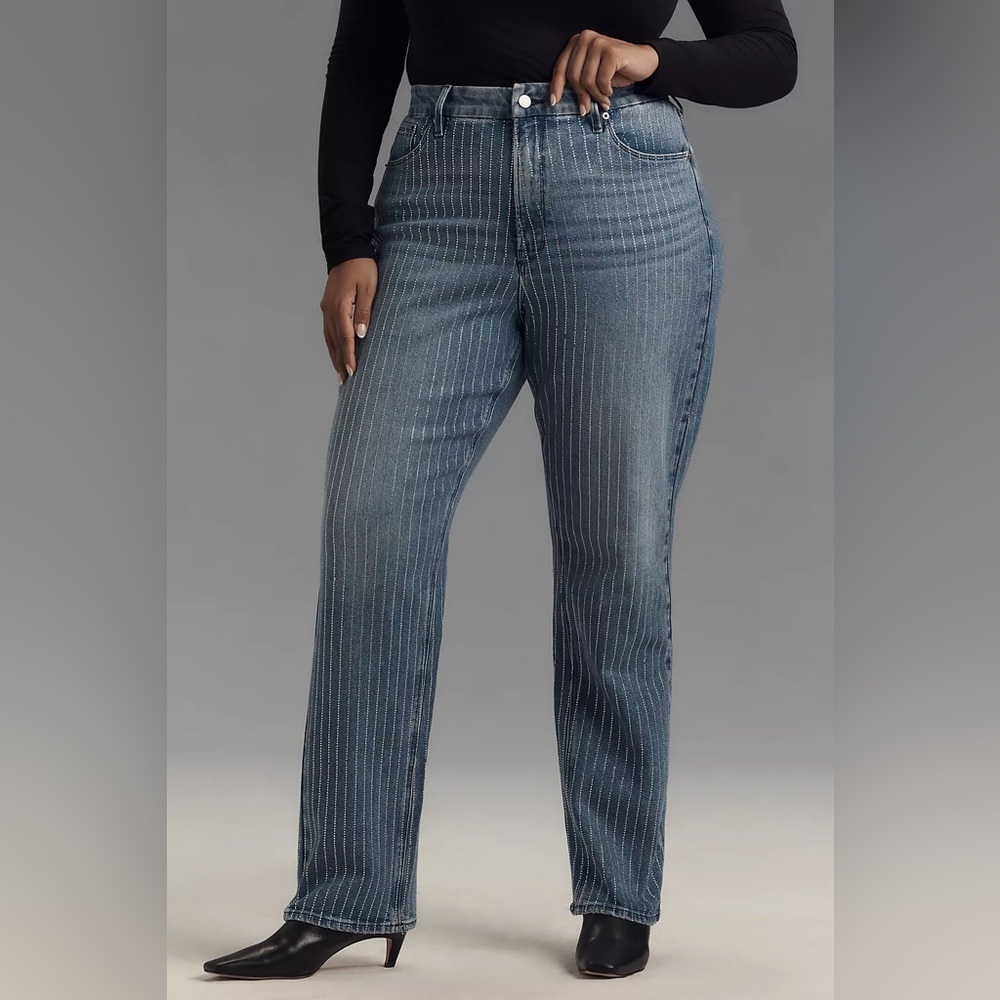 NWT Good American Good Icon Rhinestone High-Rise Straight-Leg Jeans Size 18
